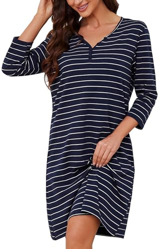 Bresdk Chemise de Nuit Femme Coton Manches 3/4 Boutonnée Vêtements de Nuit | Robe de Nuit Femme Été grande taille avec rayures et boutons pour allaitement discret, nuits calmes et maison
