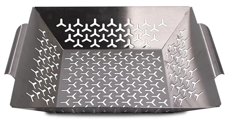 Frischluftküche Gemüsekorb klein Edelstahl - Perfekt für das Grillen von kleinem Gemüse und Beilagen, erweitert die kulinarischen Möglichkeiten beim BBQ - Edelstahl, 20x20x5,5cm