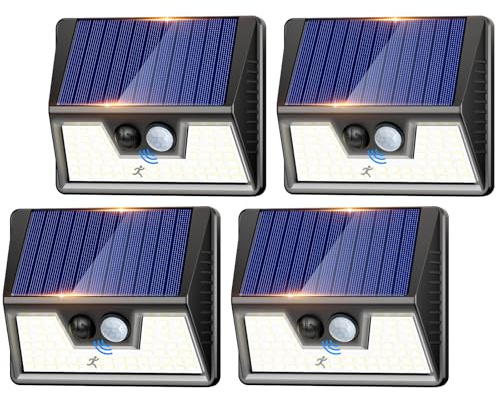nipify Luz Solar Exterior,【4 Paquete/3 Modos】 Focos Led Solares Exterior con Sensor de Movimiento, Impermeable Luces Solar Exteriors, Lamparas Exteriores para Jardín, Garaje, Caminos