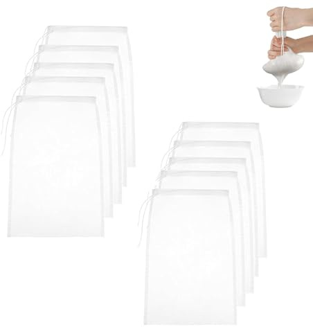 DEANKEJI Bianco Sacchetto per Latte di Noci 10 Pezzi Nylon Sacchetto Filtro per Straining, con Cordoncino, Sacchetto Filtro, per Filtrare Latte di Soia, Latte, Succhi, Verdure