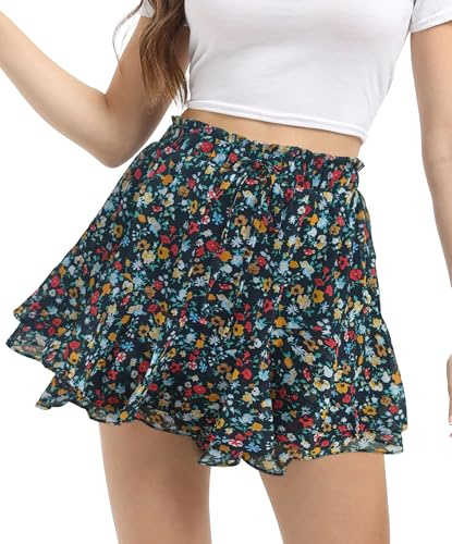 Gonna corta da donna, estiva, boho, leggera, a doppio strato, con ruches, in chiffon, a fiori, mini gonna estiva, shorts, Fiori neri, M