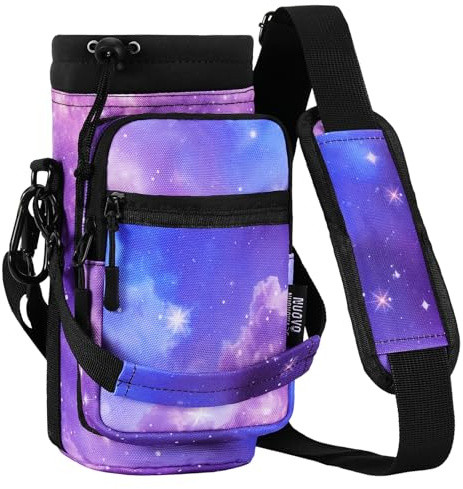 Nuovoware Water Bottle Carrier, 1000ml Bottle Carrier Sports Water Bottle Holder with Adjustable Shoulder Strap, 2 Pockets Flask Sling Bag Drawstring Pouch for Climbing Hiking, Purple Starry Sky