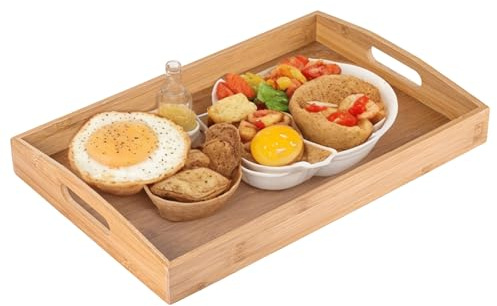 Bamboo Serving Tray with Handles, Large Bamboo Breakfast Tray Dinner Serving Platter for Eating, Working, Storing Kids Montessori Snacks for Bedroom, Kitchen and Outdoors - 45 x 33 x 5 cm