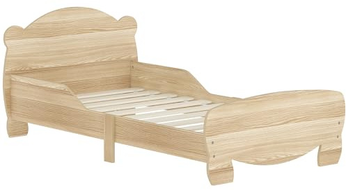 AIYAPLAY Barnsäng barnsäng 70 x 140 cm med säkerhetsgrind, ribbotten ingår och björndekorationer, för pojkar och flickor från 3 till 6 år – naturligt trä