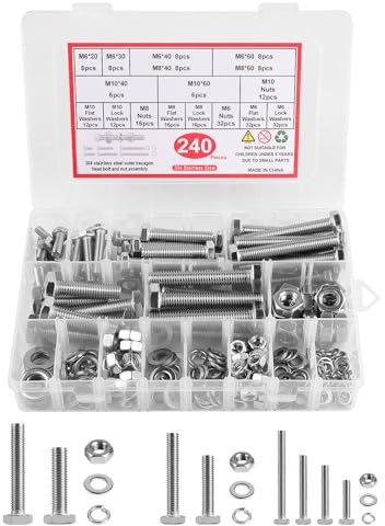 LALAGO 240 Pcs M6 M8 M10 Juego de Tornillos y Tuercas Acero Inoxidable 304, Tornillo Cabeza Hexagonal, Hexágono Externo Pernos Tornillo, Hexagonal Pernos y Tuercas Arandelas