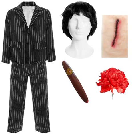 Adults Mafia Boss Costume Halloween Outfit with Pinstripe Suit Black Wig Cigar Rose and Slash Scar Accessory Gangster Fancy Dress Attire