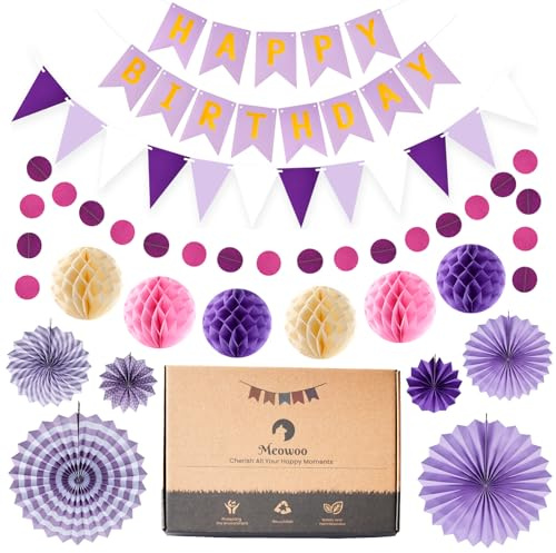 Meowoo Purple Birthday Decorations, Reusable Paper Birthday Party Set | Happy Birthday Banner, Triangle Bunting, Circle Garland, Honeycomb Balls & Paper Fans, For Kids, Teens & Adults