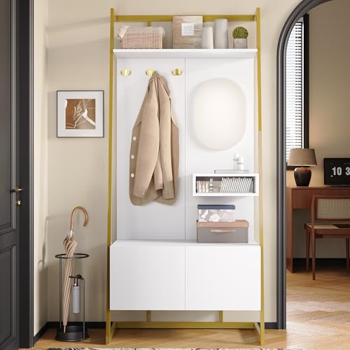 muenfly Ensemble de garde-robes blanches compactes avec miroir, crochets en métal et banc, ensemble de garde-robe de couloir moderne, armoire de couloir et rangement de chaussures pour petits espaces