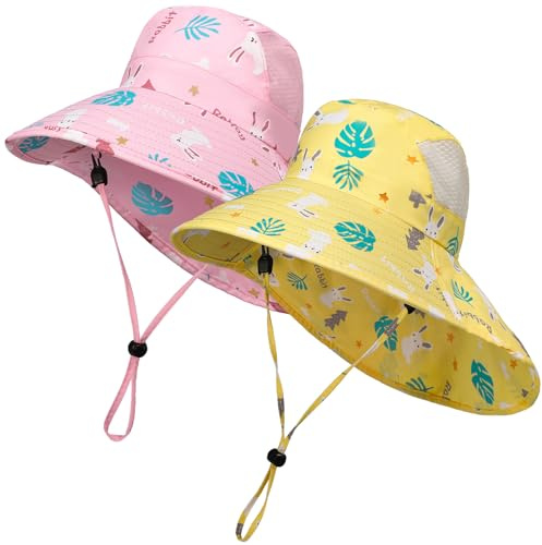 ViEinkaufen 2 Pcs Kids Sun Hat Flap Neck Protection Adjustable Chin Straps Sun Protection Hats for 2-10 Years Old Boys Girls,Pink,Yellow