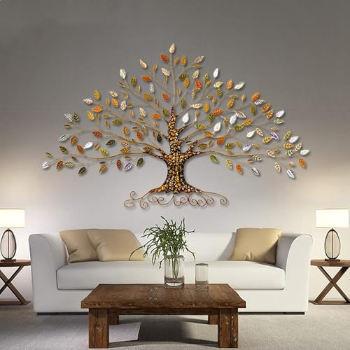 Decorazione da parete 3D in metallo, motivo albero della vita, scultura in metallo con foglie stratificate, decorazione da parete in stile lusso per soggiorno e ufficio