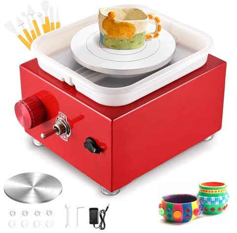 Mini Pottery Wheel, Couleeur 2000RPM & 10/6.5cm Plates Turntable Pottery Machine, Adjustable Speed Electric Pottery Wheel with Shaping Tools and Removable Basin for Pottery DIY, Pottery Teaching(Red)