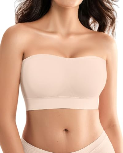 SHARICCA Axelbandslös bh för kvinnor utan bygel – sömlös push-up bandeau BH med halkfri silikon – strapless BH som bralette & tub top – vadderad bygellös bh för kvinnor