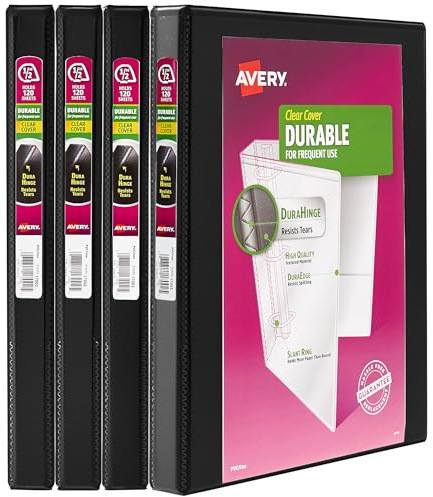 Avery Durable View 3 Ring Binders, 0.5 Slant Rings, 135-Sheet Capacity, 0.7 Inch Wide Spine, Great for Home, School Supplies, Office, or Organization Needs, Black Binders (4-Pack of 05736)