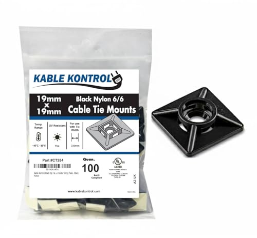 Kable Kontrol Zip Tie Mounts, 3/4” Sq, Black, 100 Pcs, Adhesive Backed Multi-Purpose UV-Resistant Mounting Squares Nylon Cable Tie Wrap Anchor Pads for Cable Management