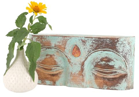 Guru-Shop snidad Buddha-mask, väggdekoration, väggbild av balsträ, 14 x 30 x 3 cm, Buddhas