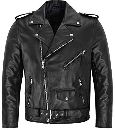 Mens Brando Biker Jacket Motorbike Genuine Cowhide Leather Mens Motorbike Classic Biker Fashion Leather Jacket (L)