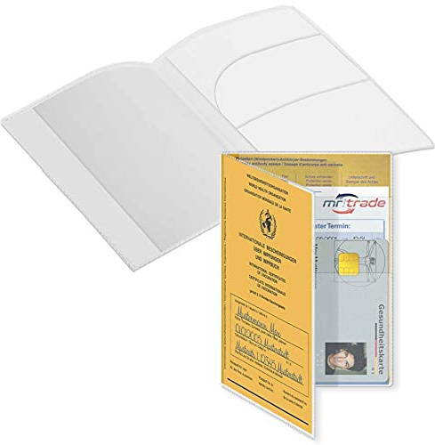 5x Custodia con scomparto aggiuntivo per Certificato Internazionale di Vaccinazione (Formato 13x9,3 cm) - pieghevole - trasparente opaco - Copertura per Carta gialla