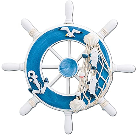 Wanddeko Steuerrad, Wanddeko Maritime Dekoration Schiff, Wanddeko Steuerrad aus Holz, Fischnetz Schiff Lenkrad Deko, Steuerrad aus Holz, Holz Steuerrad Deko, Zur Wanddekoration (Weiß)