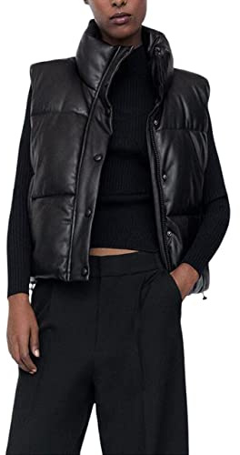 Women´s PU Leather Puffer Vest Stand Collar Padded Vest Sleeveless Quilted Lightweight Jacket Winter Warm Outerwear Puffer Gilet (Black, Medium)