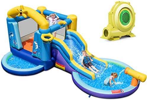 COSTWAY Castello Gonfiabile Oceananico con Soffiatore 680W, Parco Acquatico per Bambini con 2 Piscine e 50 Palline, Scivolo, Trampolino, Canestro da Basket, Cannone ad Acqua, 490x290x220 cm