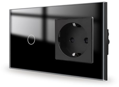 JIMEIDA Touch Lichtschalter mit Steckdose Schwarz Unterputz 1 Fach 1 Weg,Glas Panel und Status-LED Wandschalter,Kein Neutralleiter Erforderlich,157 * 86mm
