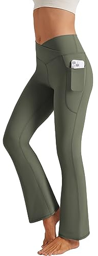 Glacspyg Yogabyxor för kvinnor, utsvängda byxor med fickor, V-midja, bootcut sportbyxor, fritidsbyxor, joggingbyxor för fitness, Olivgrön med fickor, S