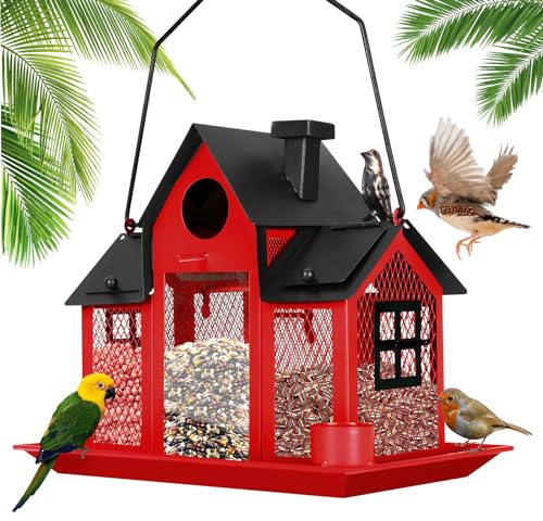 YADOOLIFE Eichhörnchensicheres Vogelfutterhaus zum Aufhängen im Freien, Solar-Futterstation für Wildvögel im Freien, große Kapazität, Kardinal-Vogelfutterhaus, Metall, Vogelfutterstation, Rot