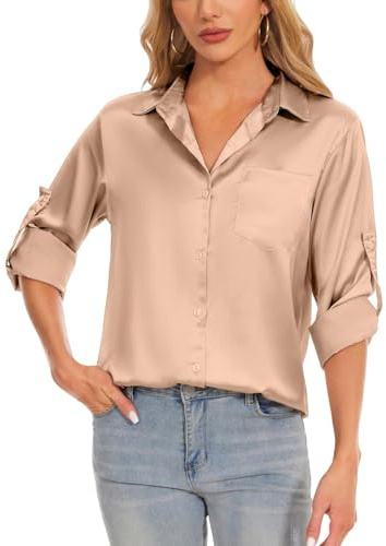 Atxnn Camicia Donna Elegante Top a Manica 3/4 Blusa in Raso di Seta Camicetta Primavera da Lavoro Lunga con Scollo a V
