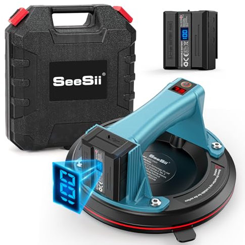 SEESII Electric Glass Suction Cups Lifter with 2 Batteries, 8 Inch Tile Suction Cup Tool, 600 LBS Max Load Heavy Duty Vacuum Suction Cups to Lift Large Glass, Tile, Metal, Furniture