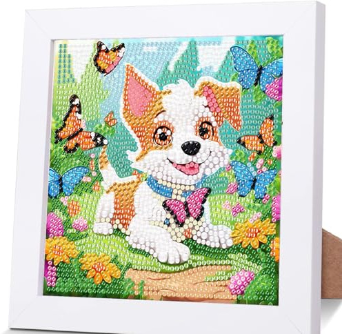 Diamond Painting - Set per bambini con cornice per cani, cani, animali e diamanti, idea regalo per ragazze dai 7 ai 12 anni, con confezione regalo, 15 x 15 cm