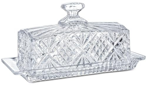 HDCRYSTALGIFTS Beurrier en verre classique en 2 parties recouvert de cristal, 20 cm, avec couvercle, porte-beurre, passe au lave-vaisselle