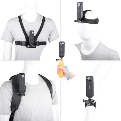 YEHOLDING 9 en 1 Accesorios Camara Deportiva Kit para Insta360 X5/X4/ X3/ Ace Pro, Soporte movil Pecho,Correa para la Cabeza y muñeca, Mochila Clip y Soporte Flotante Compatible con GoPro Hero,SJCAM