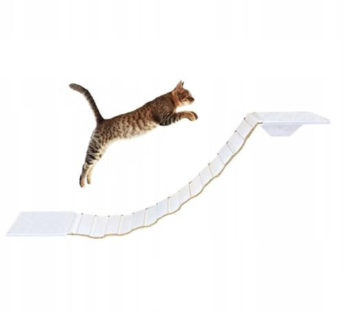 QLS Katzenbrücke mit 2 Katzenliegen Set 130 cm rutschfest Wandbefestigung aus Holz (Weiß)