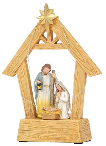 Statua Sacra Famiglia - Presepe Stalla Con Luci, Presepe Natale Con Stalla | Ornamenti per la nascita di Cristo di Gesù, presepe della Sacra Famiglia, figure del presepe da tavolo, mensola del
