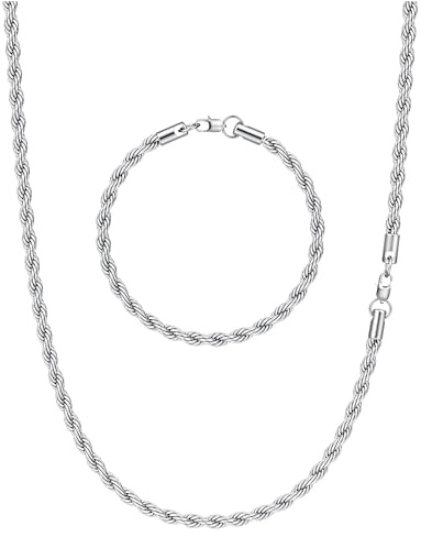 CASSIECA 2 st kedjor för män silver guld kedja män ormkedja pärlkedja repkedja rostfritt stål man halsband och armband set smycken män födelsedag jul, Armband Länge: 21.5 cm, Halskette Länge: 56 cm