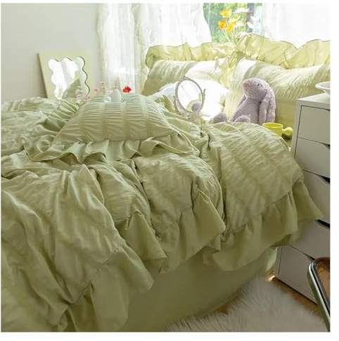 Duvet Cover Sets, Ultra Soft Seersucker Fabric Ruffle White Bedding Set Double Queen King 4Pcs Quilt Duvet Cover Flat Bed Sheet 2 Pillowcases(Green,Double Size 4 pcs)