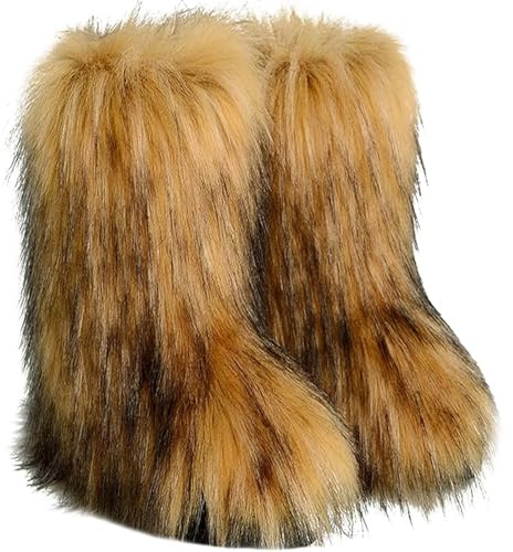 VALPEAKER Fluffy Faux Fur Snow Boots for Women,Furry Warm Winter Boots,Mid-Calf Flat(brown4)