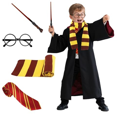 yumcute Magic Costume Cosplay Set for Kids, Wizard Robe Outfits with Wand Scarf Tie Glasses Accessories Boys Girls Magician Costumes Gifts for Halloween World Book Day Cosplay Fancy Dress Party (155)