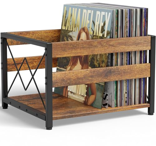 HFHOME Caisse de rangement en bois pour disques vinyles, boîte de rangement classique pour CD, albums, peut contenir jusqu'à 100 disques, porte-revues pour bureau, maison, bureau