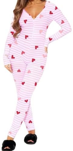 Nicoxijia Women Valentine's Bodycon Pajama Jumpsuit V Neck Long Sleeve Button One Piece Rompers Overall Sleepwear Loungewear (Pink, M)
