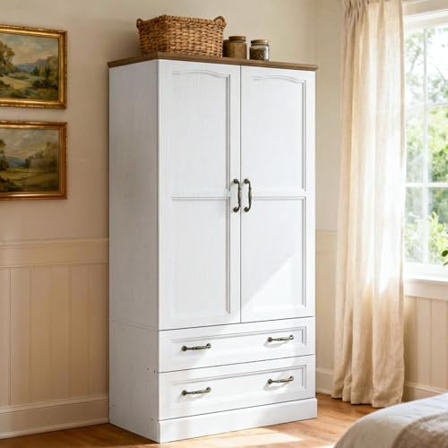 HOOBRO 70.9 Armoire Wardrobe Closet with 2 Doors and 2 Drawers, Bedroom Armoire with Hanging Rod, Farmhouse Wardrobe Closet for Bedroom, Freestanding Clothing Storage Cabinet, White and Walnut