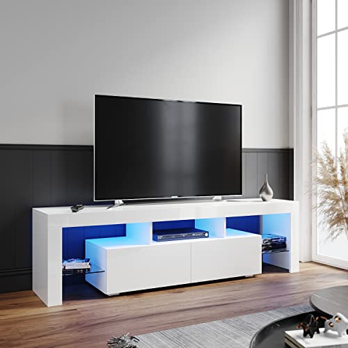 ELEGANT 1600mm TV Stand with LED Lights Ambient TV Cabinet Modern White Gloss for 32 40 43 50 52 55 60 65 inch 4k TV Living Room and Bedroom with Storages Home Furniture