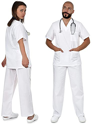 B-well Colombo - Ensemble unisexe pour personnel médical comprenant une tunique et un pantalon à enfiler - Vêtement professionnel médical - Tissu épais, Blanc., XXXXL
