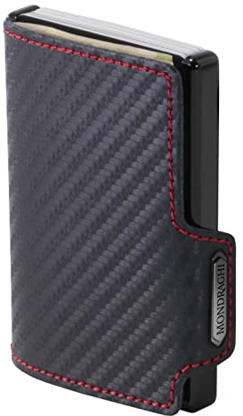 MONDRAGHI® Mini-Wallet. Ultraleichte Geldbörse mit Narbenleder. Kleiner Geldbeutel mit RFID-Schutz-Chip - Kartenetui mit Leichtmetallrahmen | Racing Carbon