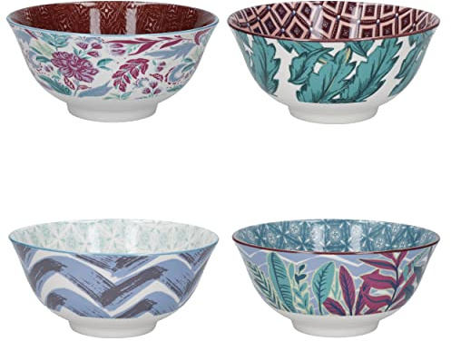KitchenCraft Glazed Stoneware Bowl Set of 4, Exotic, 15.5 x 7.5 cm, Gift Boxed,Blue,Green,Pink