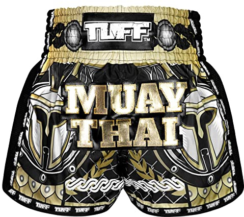 TUFF Sport - Pantalones cortos retro de Muay Thai para boxeo, corte clásico y ajustado, ropa de entrenamiento y gimnasio para MMA y kickboxing (M, TUF-MSC109-BLK)