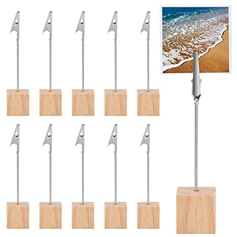 Pinsheng Fotohalter Tischkartenhalter 10 Stück, Fotoclip Halter mit Krokodilklemme Holzsockel, Fotoständer Memo Clip Halter, Kartenhalter für Bilder Karten Papier Foto Büro Hochzeit Party Dekoration