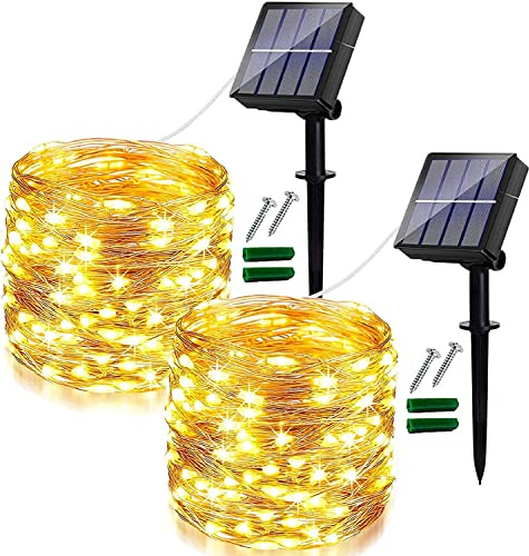 Guirlande lumineuse solaire d'extérieur [2 pièces], 8 modèles de 12 m avec 120 LED, guirlandes lumineuses étanches IP65, pour la décoration de balcon, jardin, fête, camping (blanc chaud)
