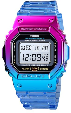Gosasa Outdoor Sport Unisex Watches Back Light Digital Watches Transparent Multifunctional Wristwatch Casual Style Stopwatch Date 5Bar Waterproof (Blue)