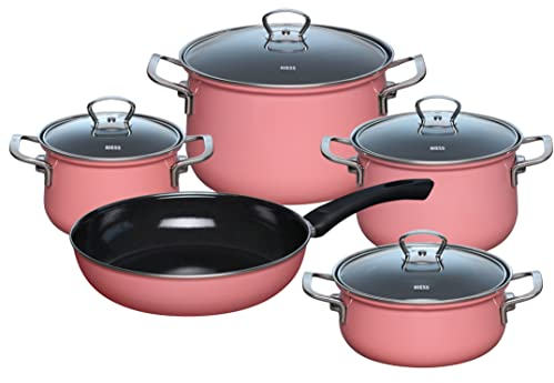 Riess, 0558-114, Emaileset 5-teilig, Nouvelle, PINK, LBH 48,5 x 28,5 x 39cm, Gewicht 9,98kg, Emaille, Fleischtopf mit Deckel 16, 20 und 24cm, Kasserolle mit Deckel 20cm, Bratpfanne 28cm
